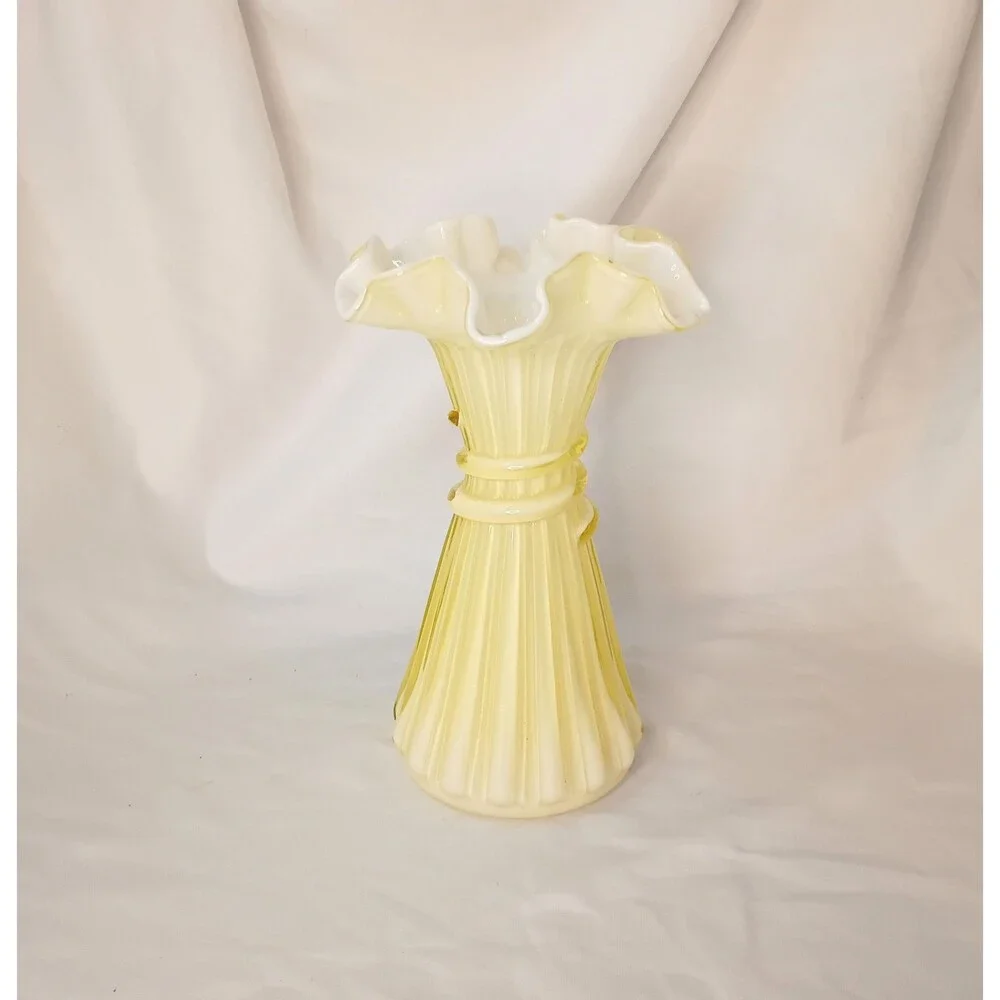 Fenton Yellow Candle Glow Wheat Glass Vase 7 1/2